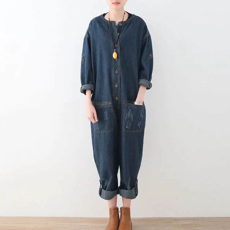 2021 blue casual cotton high waist plus size jumpsuit pants