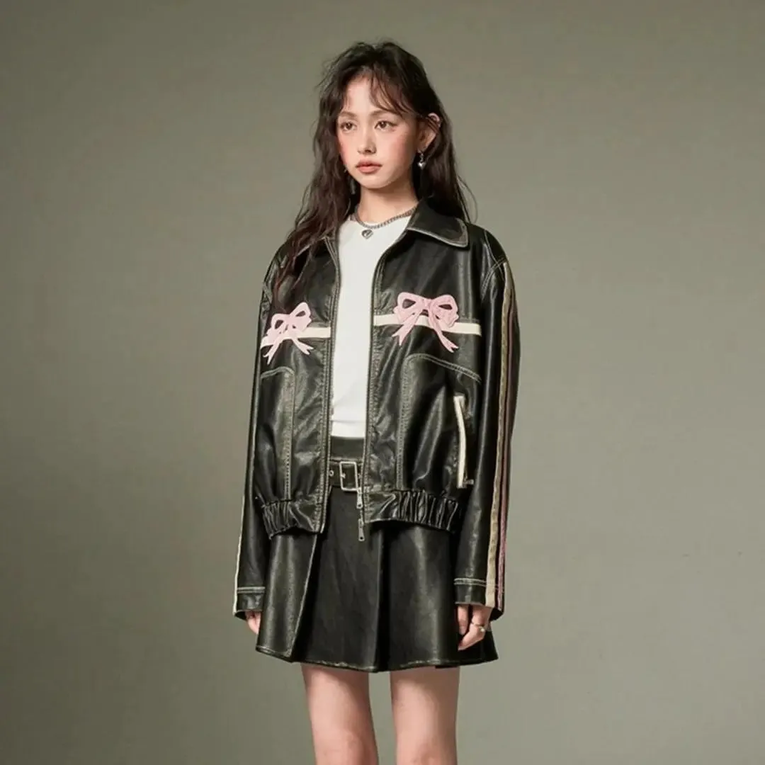 Baggy Style Pink Bow Leather Jacket