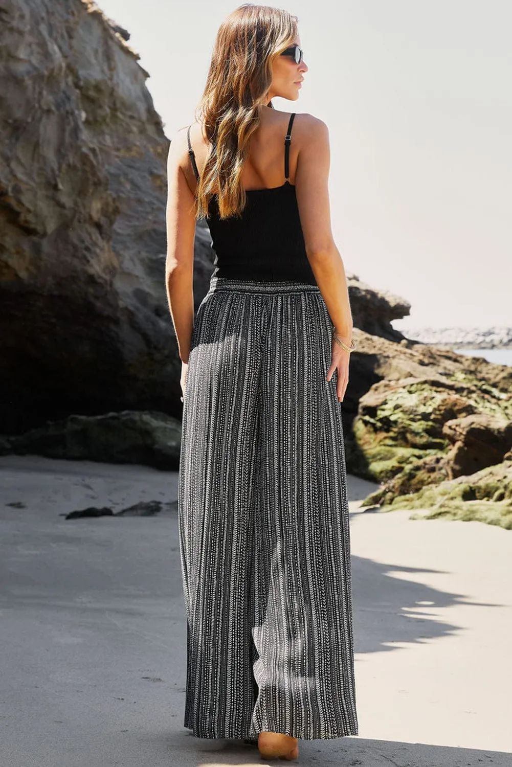 Black Striped Wide Leg High Waist Pants with Front Slit